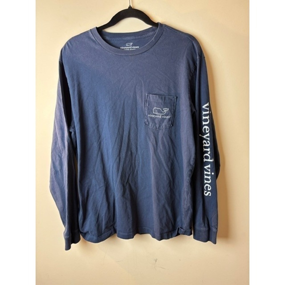 Mens M Vintage Vineyard Vines T-Shirt Blue Cotton‎ Long Sleeve Whale Pocket Tee